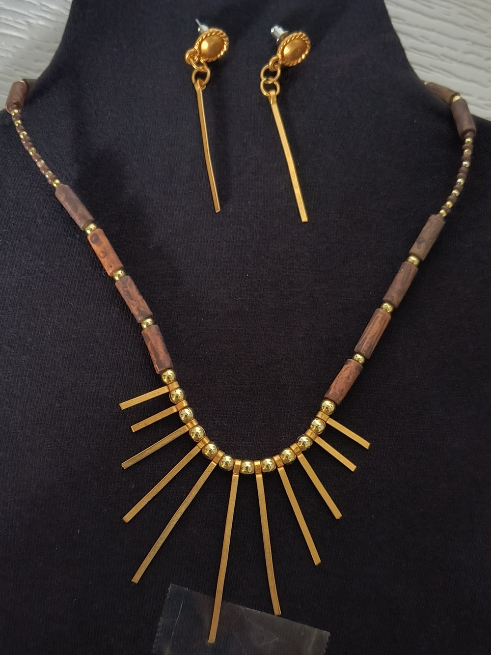 H&M Gold and Brown Sunburst Bead Necklace with Drop Earrings